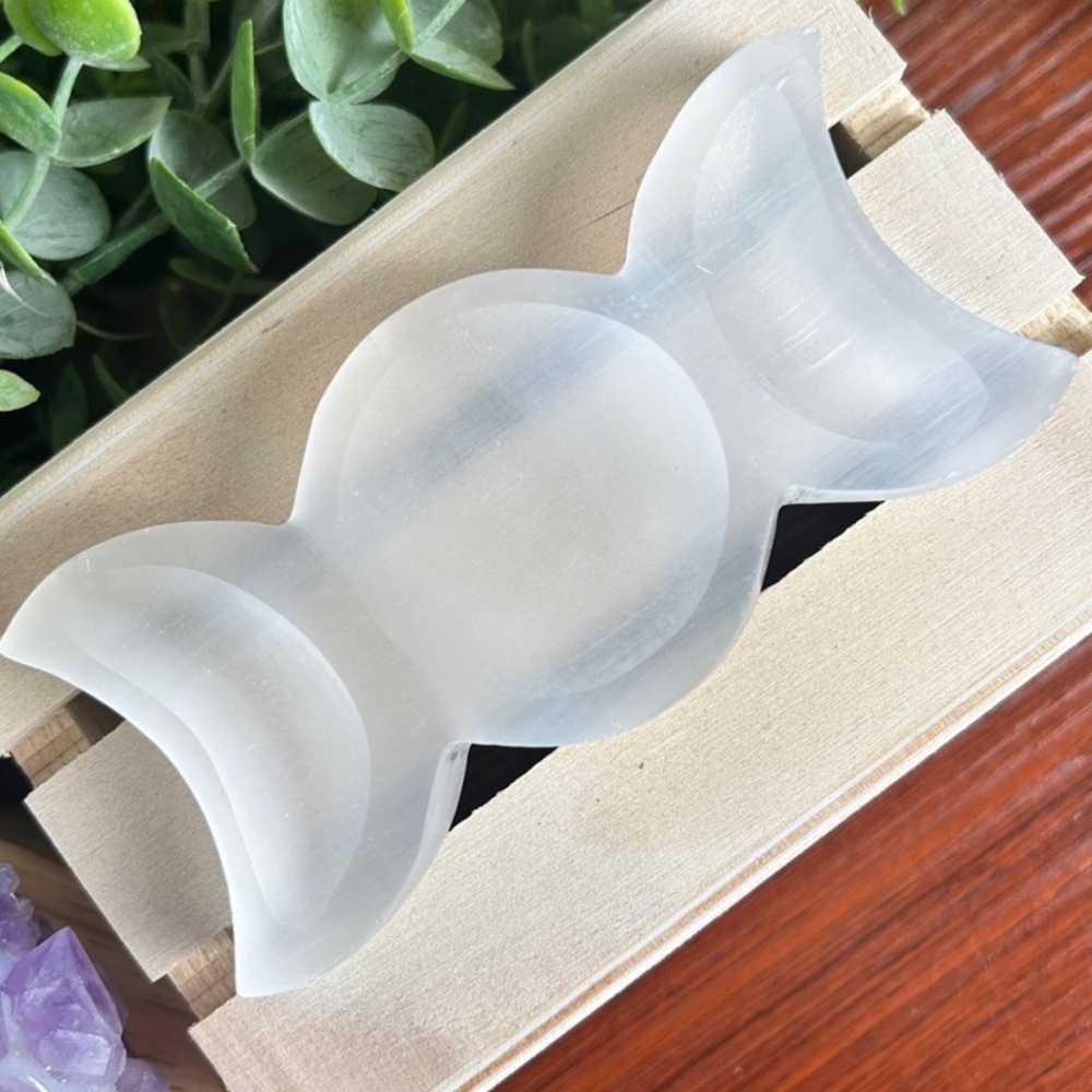 Selenite Moon Phase Trinket Dish Sphere Stand